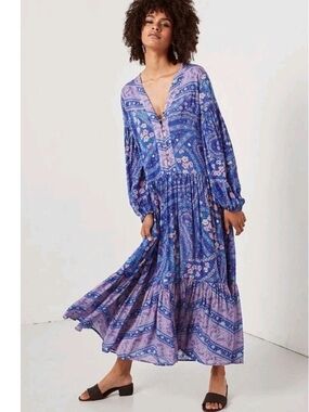 FP To Love Celestial Blue And Pink Paisley Floral Print Boho Midi Dress, Small